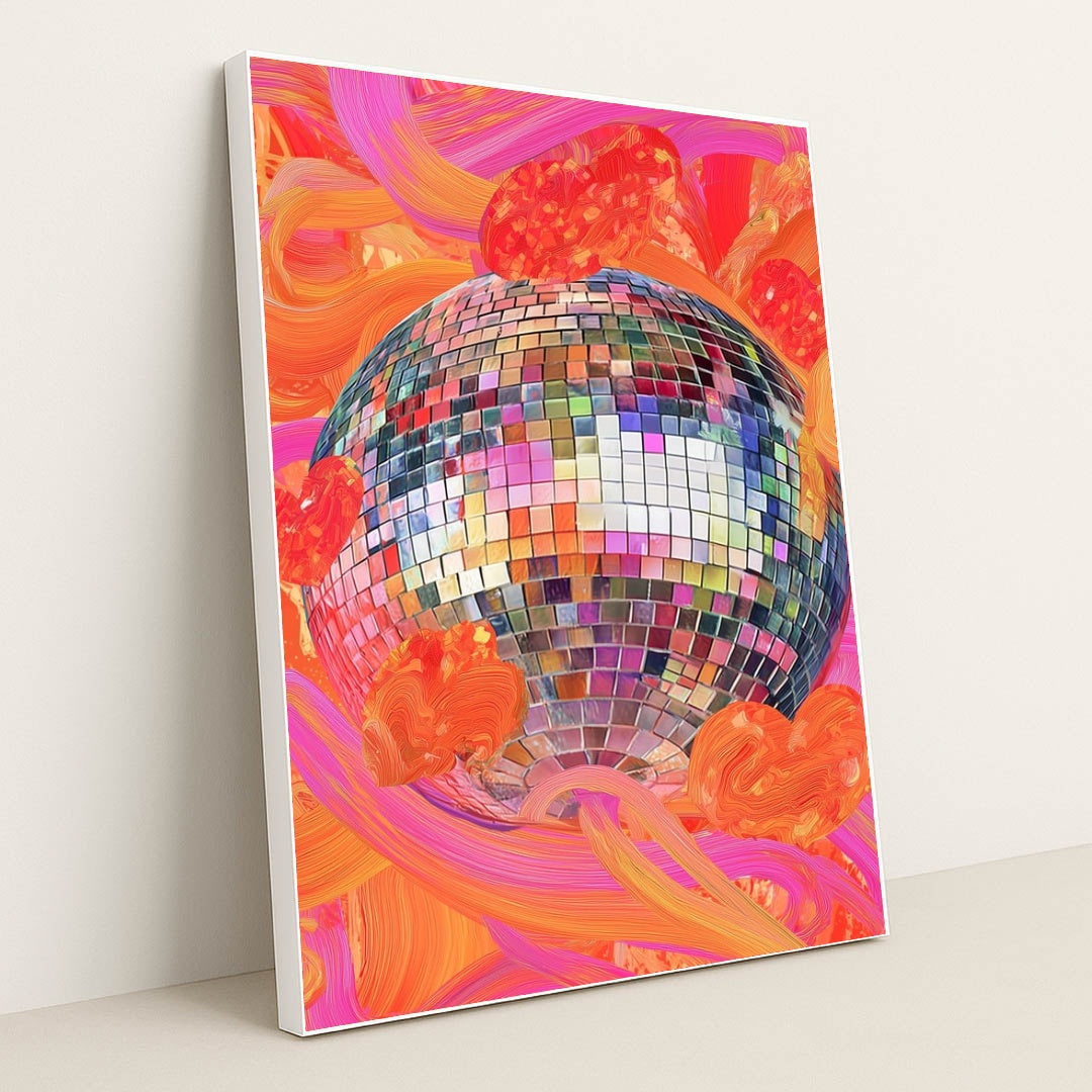 This artwork shows a vibrant disco ball with colorful tiles, orange and pink swirling brushstrokes, and abstract hearts, in a white frame.