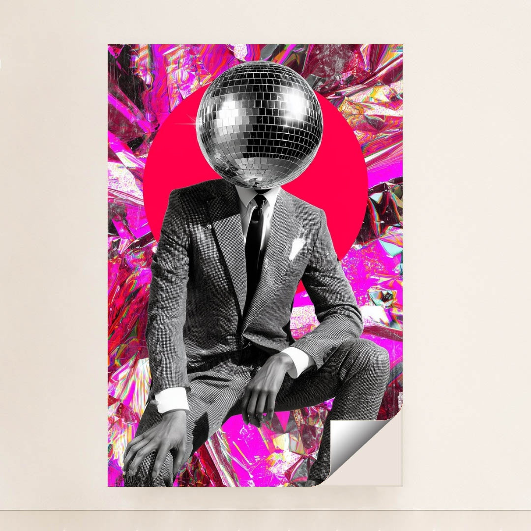 This artwork shows a person in a textured suit with a disco ball for a head, set against a hot pink circle and reflective foil backdrop, minimalist unframed style.