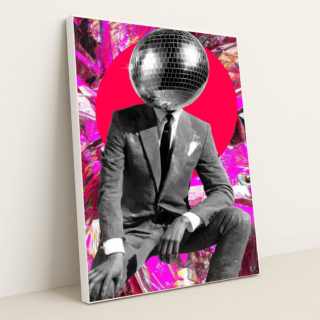 This artwork shows a person in a textured suit with a disco ball for a head, set against a hot pink circle and reflective foil backdrop, in a white frame.