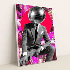 This artwork shows a person in a textured suit with a disco ball for a head, set against a hot pink circle and reflective foil backdrop, in a white frame.