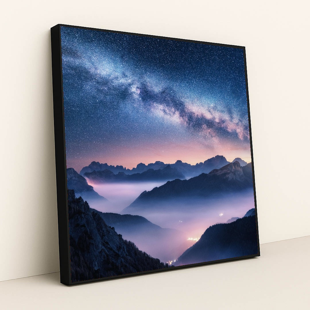 Cosmic Beauty: Milky Way Over Foggy Dolomite Mountains by Anonymous - Black Frame Stretchiez