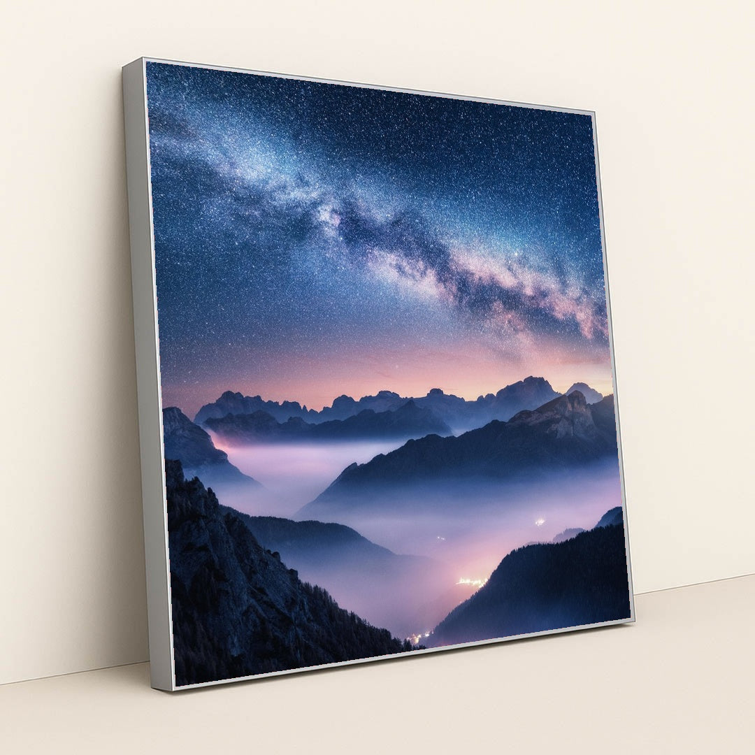 Cosmic Beauty: Milky Way Over Foggy Dolomite Mountains by Anonymous - Silver Frame Stretchiez