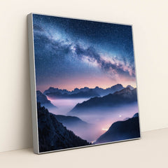 Cosmic Beauty: Milky Way Over Foggy Dolomite Mountains by Anonymous - Silver Frame Stretchiez