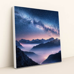 Cosmic Beauty: Milky Way Over Foggy Dolomite Mountains by Anonymous - White Frame Stretchiez