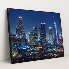 Nighttime Downtown Los Angeles Skyline by Anonymous - Black Frame Stretchiez