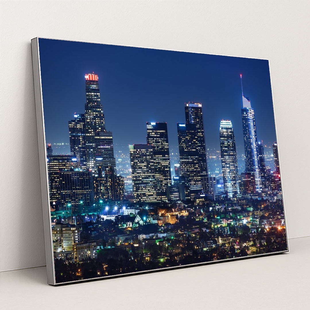 Nighttime Downtown Los Angeles Skyline by Anonymous - Silver Frame Stretchiez