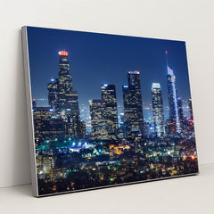 Nighttime Downtown Los Angeles Skyline by Anonymous - Silver Frame Stretchiez