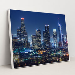 Nighttime Downtown Los Angeles Skyline by Anonymous - White Frame Stretchiez