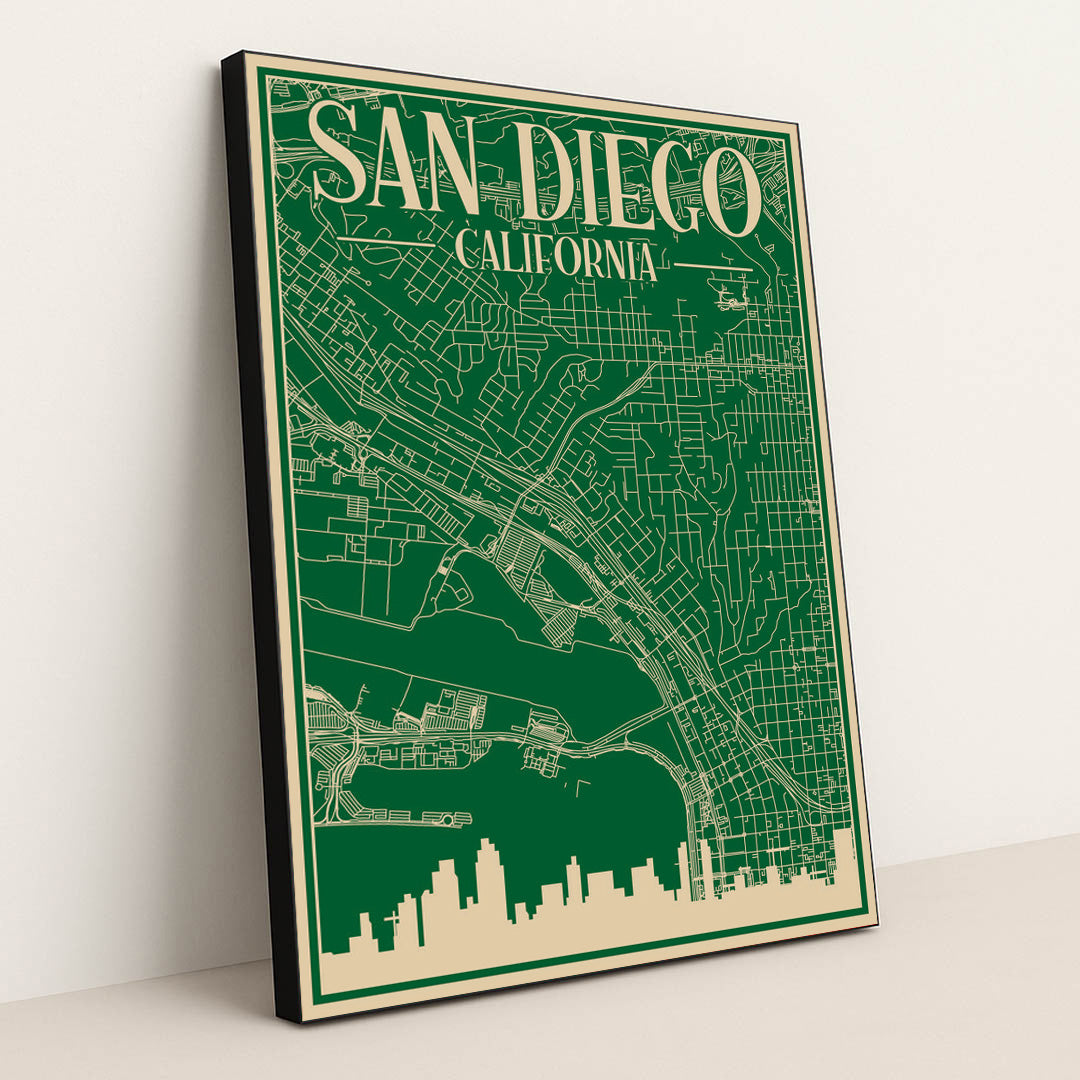 Blueprint Map of Downtown San Diego by Anonymous - Black Frame Stretchiez