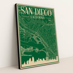 Blueprint Map of Downtown San Diego by Anonymous - Black Frame Stretchiez