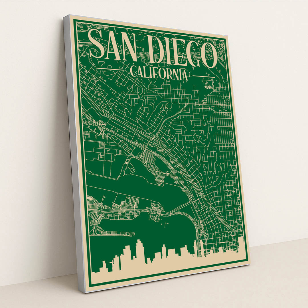 Blueprint Map of Downtown San Diego by Anonymous - Silver Frame Stretchiez