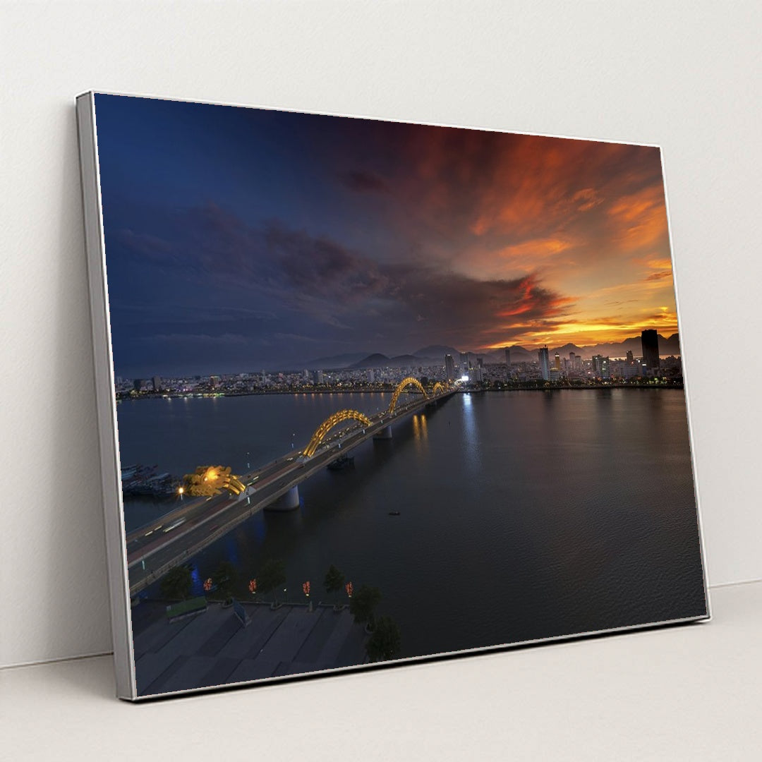 Sunset Over Dragon Bridge in Da Nang by Quang Nguyen Vinh - Silver Frame Stretchiez
