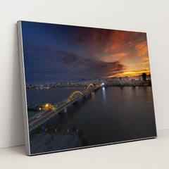 Sunset Over Dragon Bridge in Da Nang by Quang Nguyen Vinh - Silver Frame Stretchiez