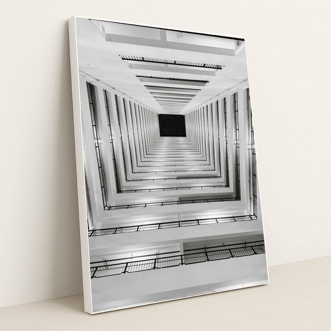 Staircase in Dramatic Black and White by Neevin Alvin ✳️ - White Frame Stretchiez