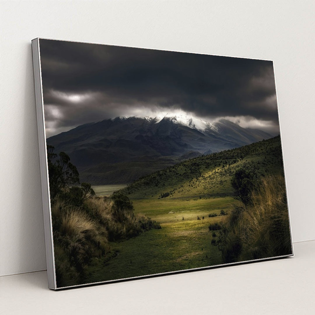 Dramatic Mountain Landscape by Simon Berger - Silver Frame Stretchiez