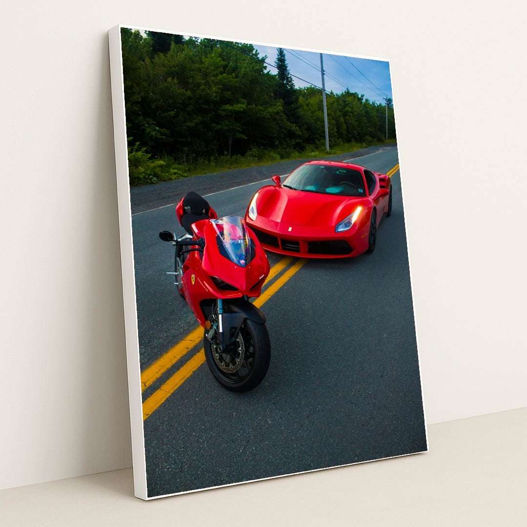 Ducati and Ferrari on the Road by Dominic Comeau - White Frame Stretchiez
