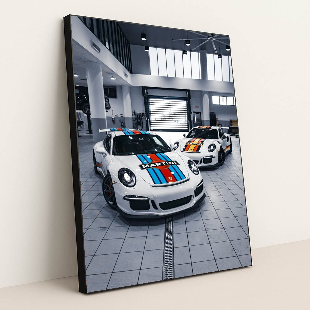 Duo Porsche 911 GT3 Icons in Martini Livery by Jaime Castrillon - Black Frame Stretchiez