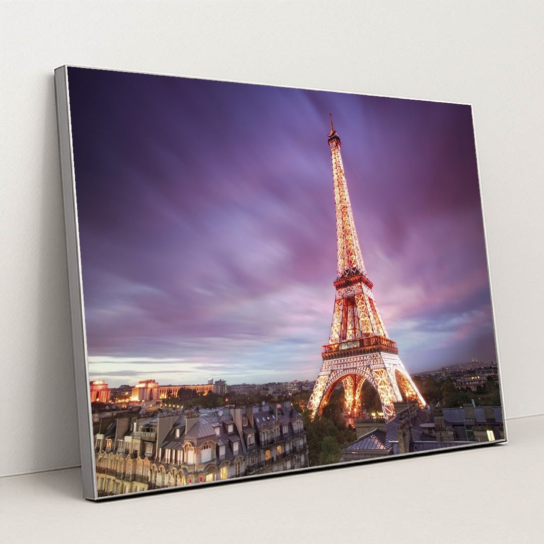 Romantic Dusk View of the Eiffel Tower in Paris by Anonymous - Silver Frame Stretchiez
