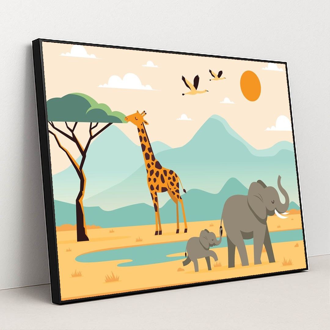Wildlife Trio: Elephant and Giraffe Family by JÄ“ Design - Black Frame Stretchiez