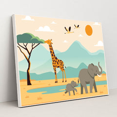 Wildlife Trio: Elephant and Giraffe Family by JÄ“ Design - White Frame Stretchiez