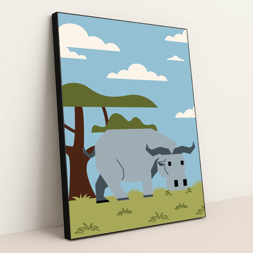 Elephant in a Field with a House by Silverfork Studio - Black Frame Stretchiez