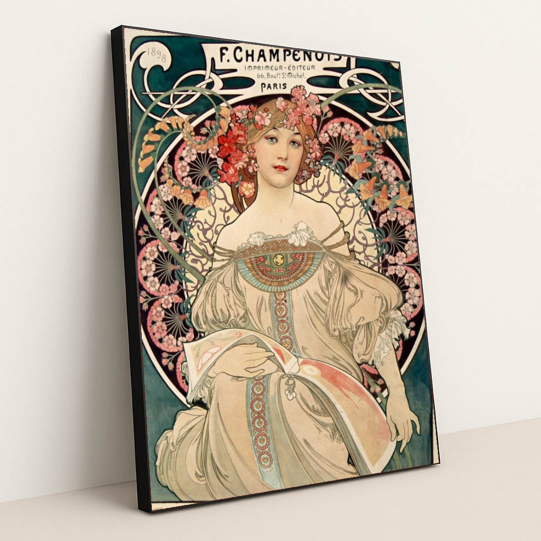 F. Champenois Imprimeur-Editeur (1898) by Alphonse Mucha - Black Frame Stretchiez