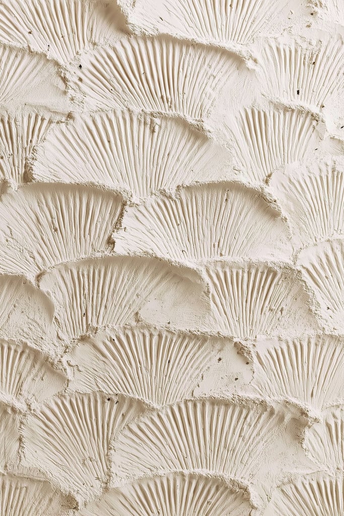 This artwork features overlapping fan-shaped textured cream plaster scales.