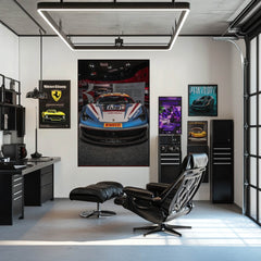 Ferrari 458 Challenge Head-on Display in a stylish office, showcasing aggressive racing livery and car wall art.