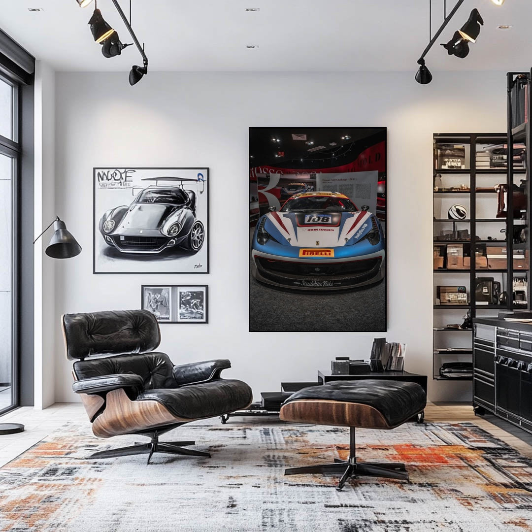 Ferrari 458 Challenge Head-on Display as car wall art in modern living room with sleek furnishings.