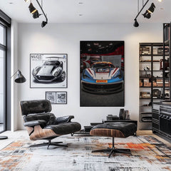 Ferrari 458 Challenge Head-on Display as car wall art in modern living room with sleek furnishings.