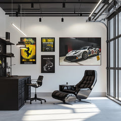 Ferrari 488 Challenge on Show displayed as car wall art in a stylish modern office with black furniture.