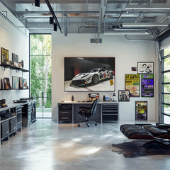 Ferrari 488 Challenge on Show as car wall art in a modern office space with sleek furniture and large windows.
