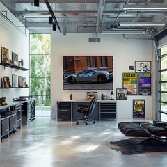 Stylish office featuring a Ferrari 488 GTB in Silver Shine wall art displayed on a modern TV.