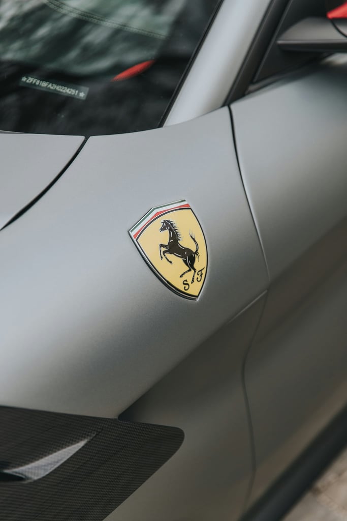 The Ferrari Crest in Matte Silver showcased on a sleek matte car surface, representing elegance in car wall art.
