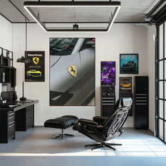 The Ferrari Crest in Matte Silver decorates a stylish room with car wall art showcasing sleek design and elegance.