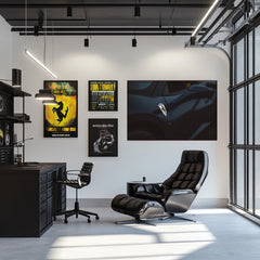 A sleek office with modern decor featuring Ferrari's Dark Elegance wall art and black furniture, showcasing a stylish workspace.