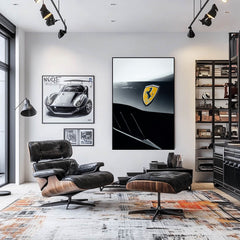 Ferrari Badge in Bold Contrast displayed as car wall art in a stylish modern living room.