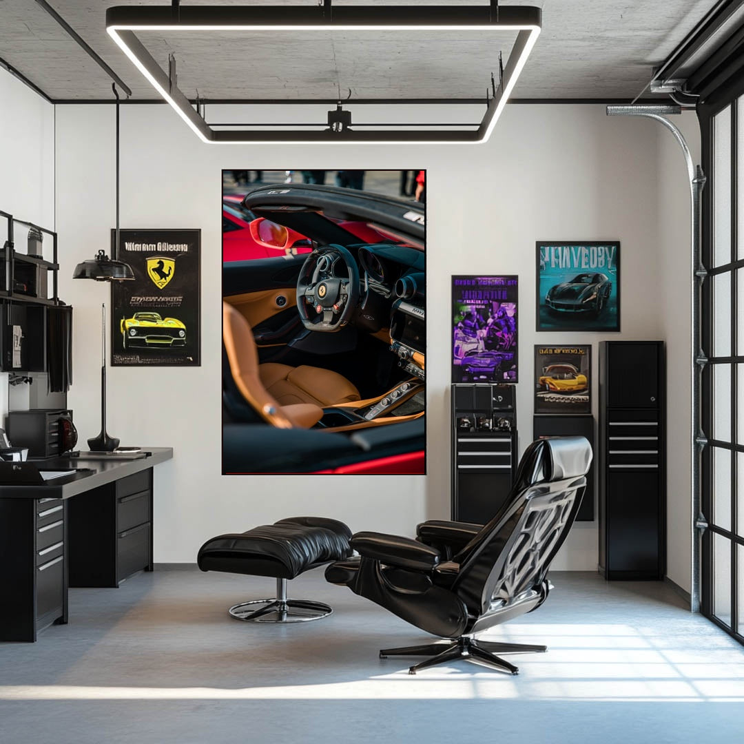 Ferrari Interior Detail showcasing luxurious tan leather and sleek carbon fiber in a stylish office setting with car wall art.