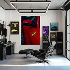 Ferrari in the Rain: close-up of red Ferrari paint and mirror in a modern office with car wall art.