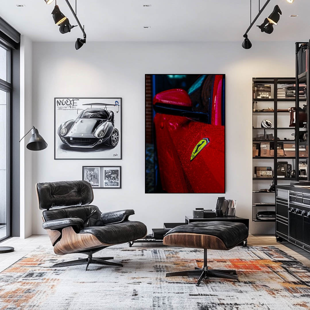 Close-up of a Ferrari in the Rain wall art showcasing its red paint and yellow shield in a modern living room.