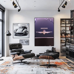Ferrari's Carrozz Touring Badge displayed as car wall art in a modern living room with stylish furniture.