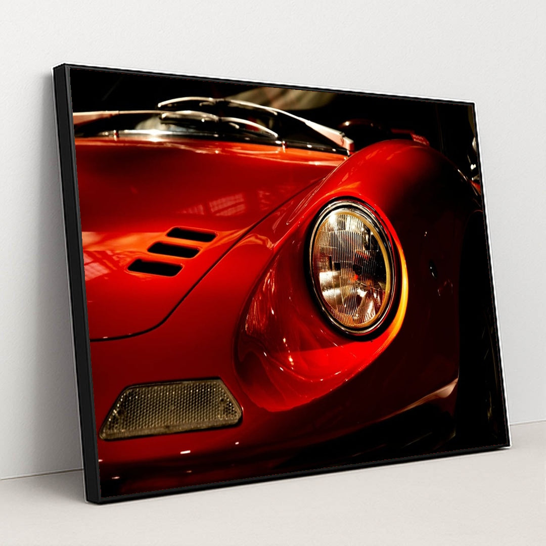 Ferrari Dino 246 GT Close-Up of Front Headlight and Curved Red Hood by Joost Crop - Black Frame Stretchiez