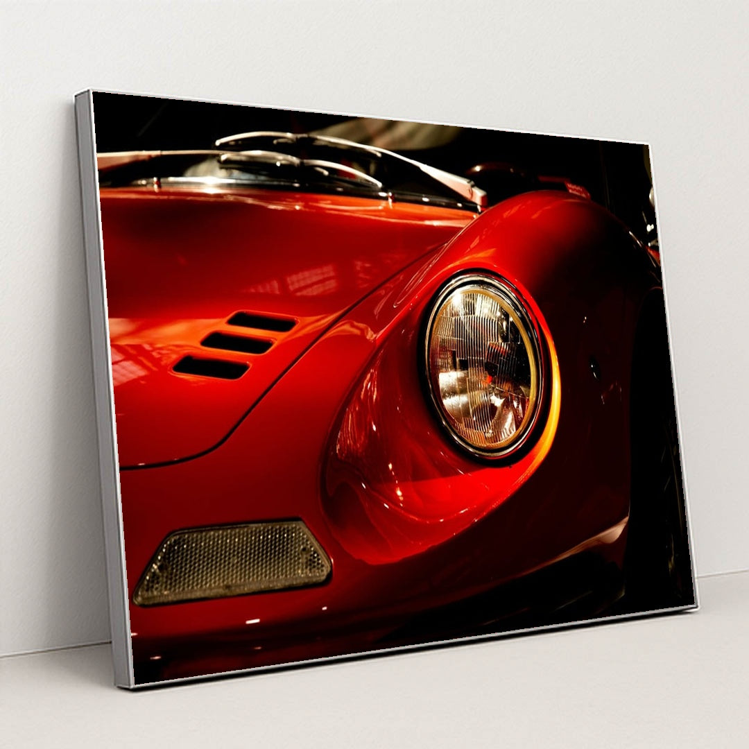 Ferrari Dino 246 GT Close-Up of Front Headlight and Curved Red Hood by Joost Crop - Silver Frame Stretchiez