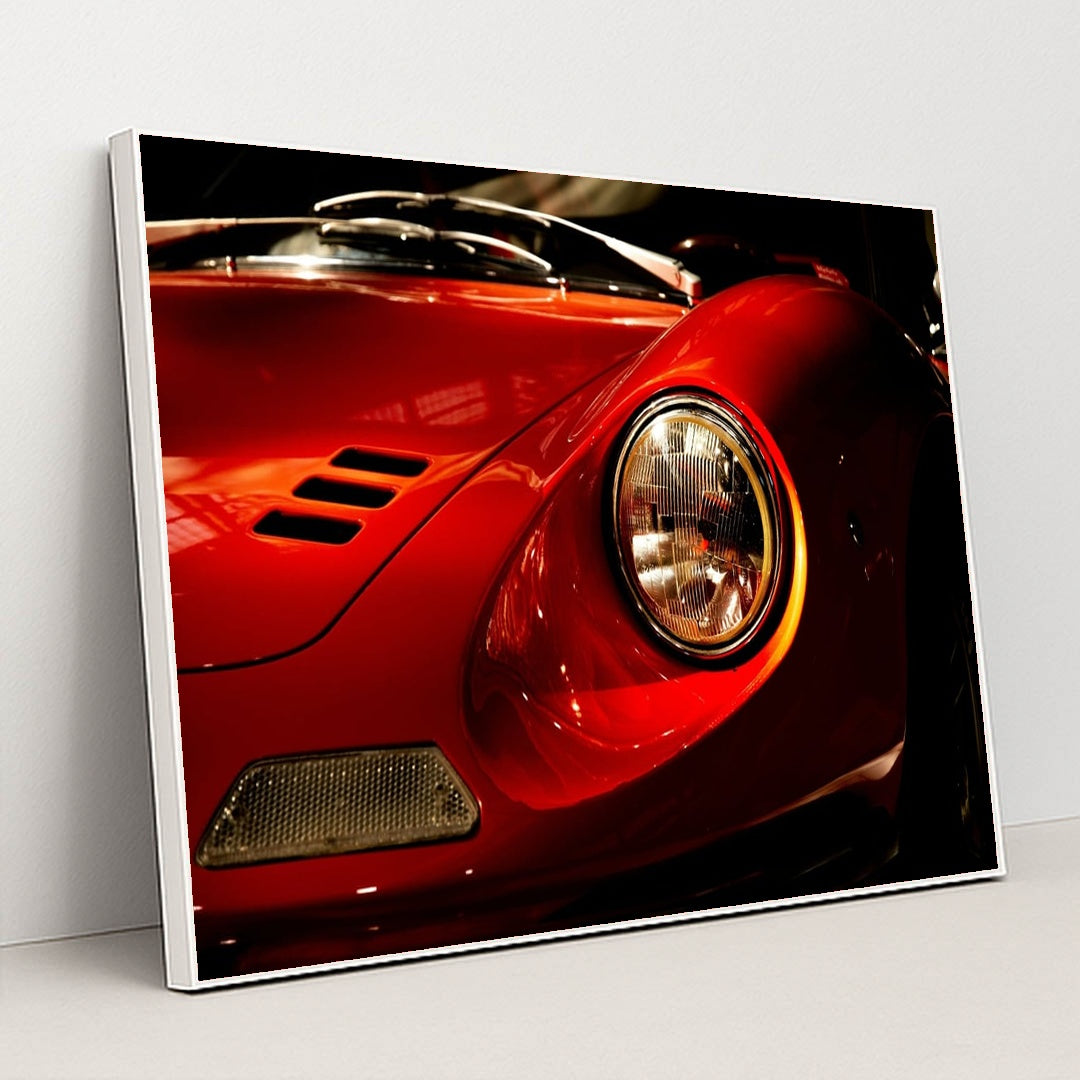 Ferrari Dino 246 GT Close-Up of Front Headlight and Curved Red Hood by Joost Crop - White Frame Stretchiez