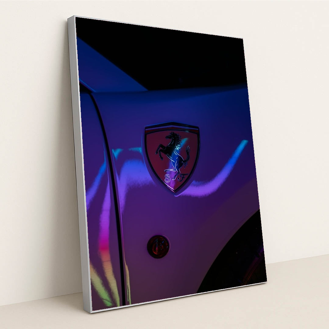 Ferrari Emblem Under Neon Lights by RanaMotorWorks - Silver Frame Stretchiez