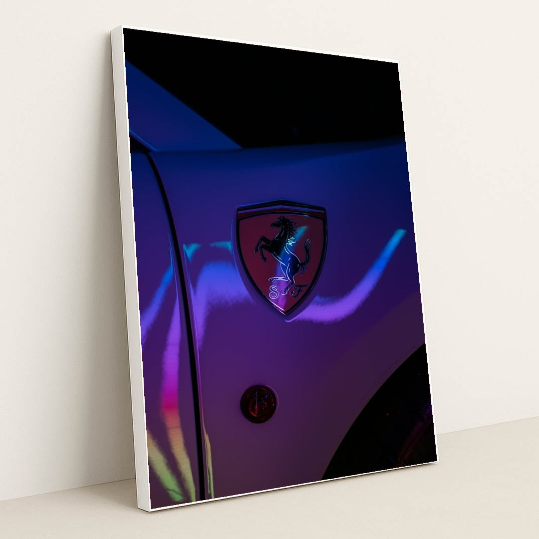 Ferrari Emblem Under Neon Lights by RanaMotorWorks - White Frame Stretchiez