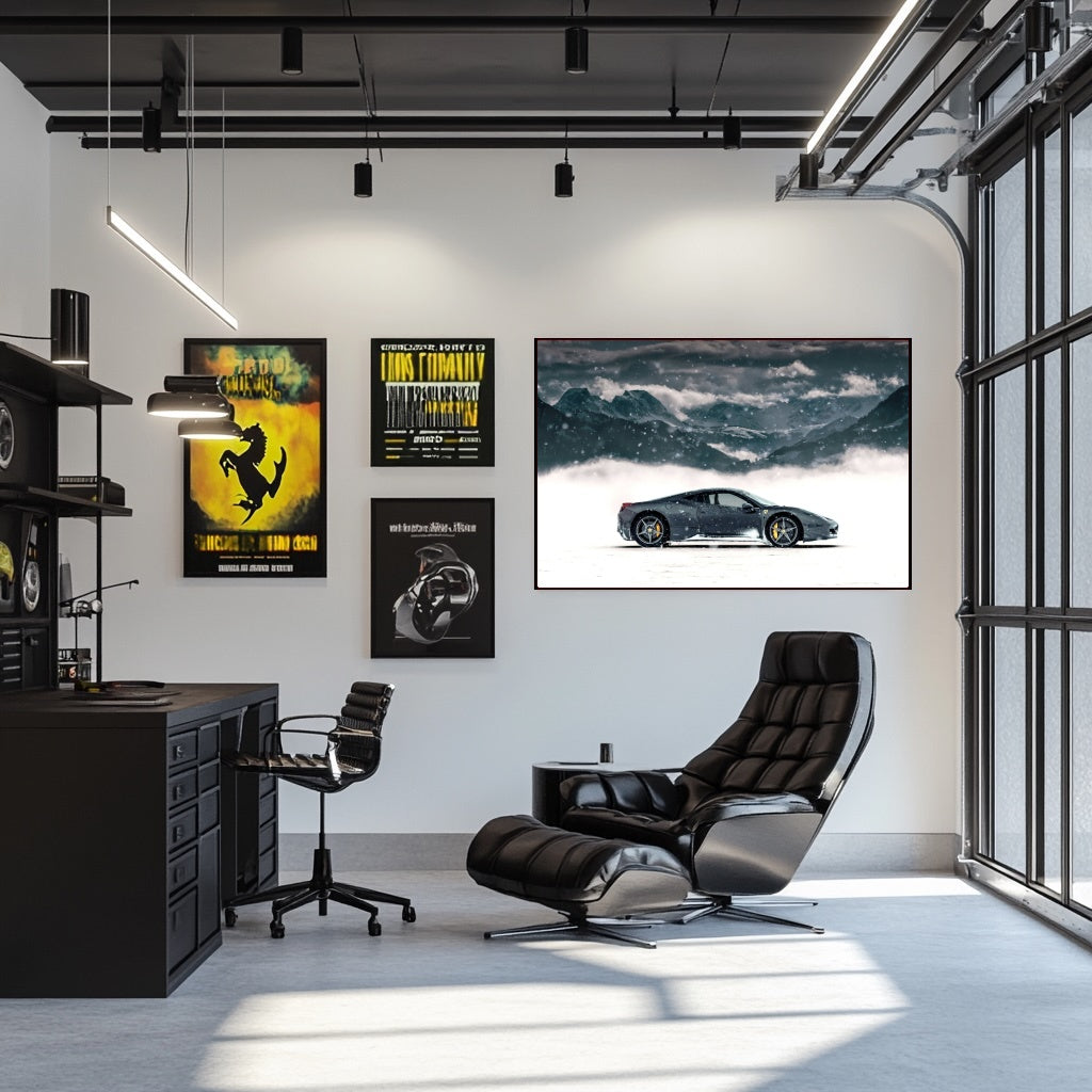 Ferrari 458 Italia Amidst the Alps artwork in a modern office space with a sleek black chair.