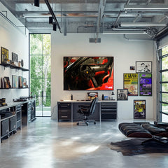 Ferrari Cockpit in Red and Black displayed as car wall art in a stylish workspace.