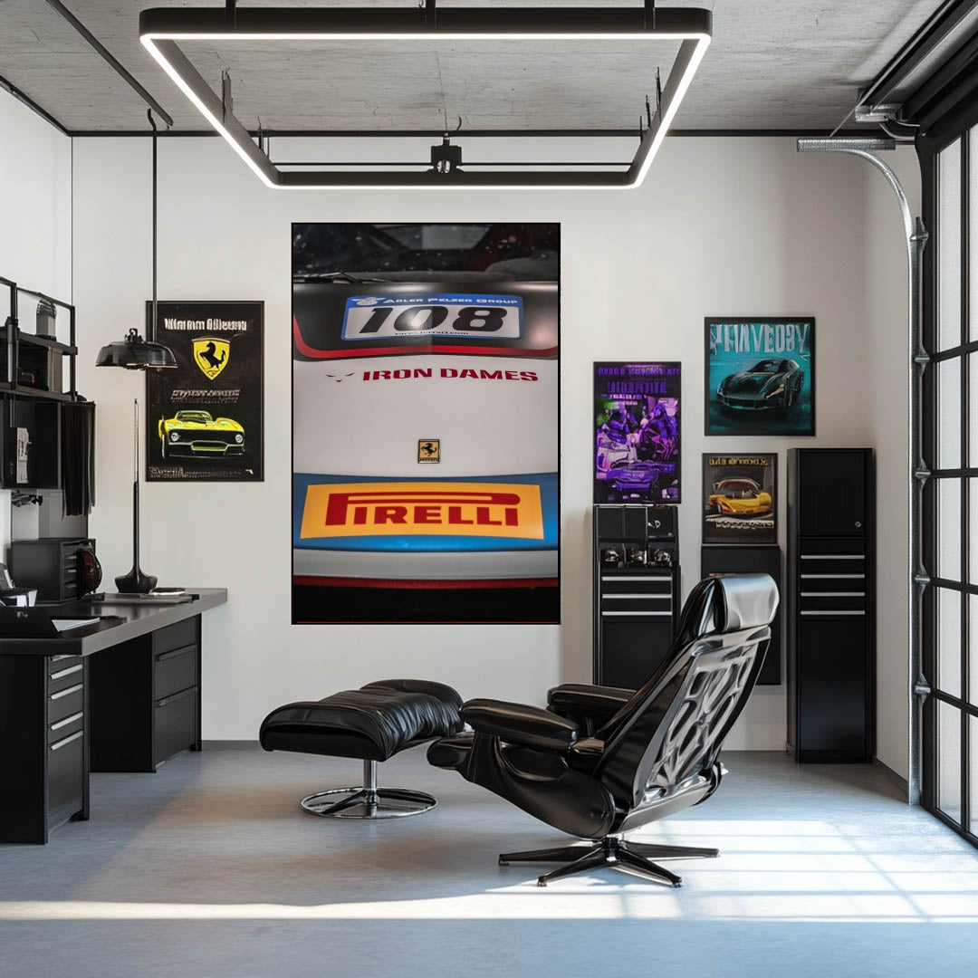 Close-up of Ferrari 108 Iron Dames car wall art showcasing hood and sponsor decals in a stylish workspace.