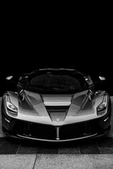 Monochrome LaFerrari in striking black and white, showcasing its aggressive design as exquisite car wall art.